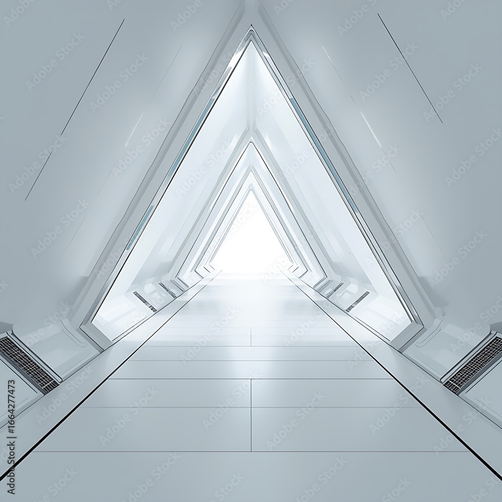 Fototapeta premium The 3D rendering features a futuristic sci-fi triangle tunnel, surrounded by a modern white background.