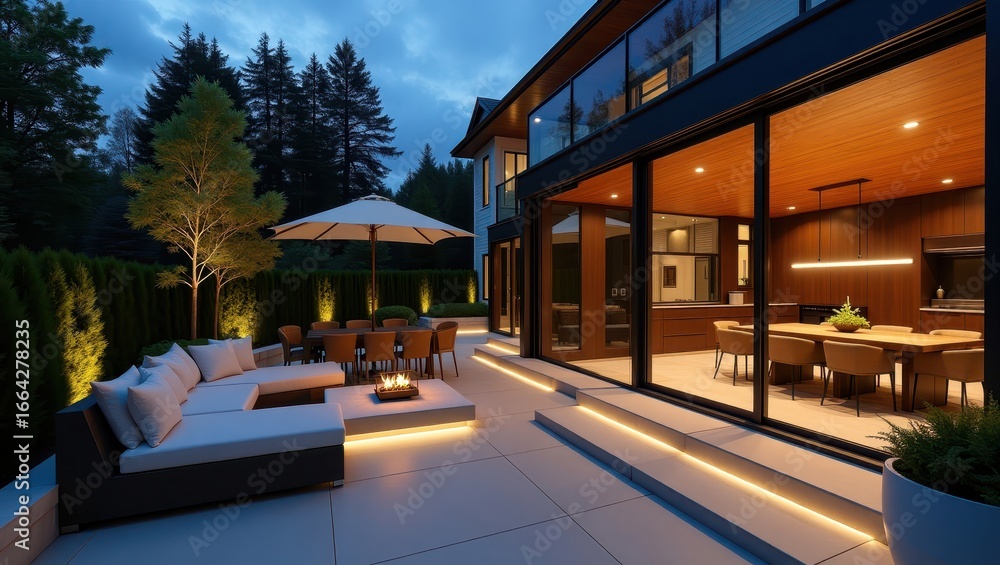Obraz premium Modern outdoor patio area with a contemporary home at twilight, featuring stylish furniture, lighting, and a large dining space visible through expansive windows.