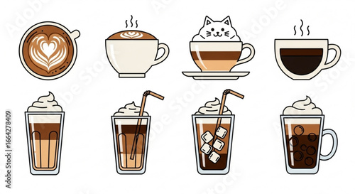 Coffee drinks vector illustration set with latte cappuccino iced coffee and cat coffee for cafe menu design