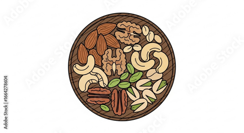 Assorted nuts platter illustration featuring almonds cashews walnuts pecans and pistachios for healthy snacks