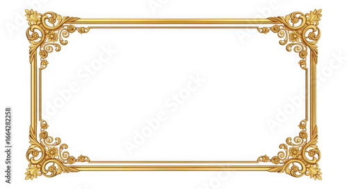 Elegant ornate golden picture frame border with intricate flourishes and decorative corners transparent background