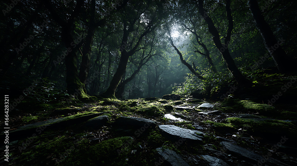 Fototapeta premium Moonlit Enchanted Forest — Mystical Dark Woods with Moss and Shadows