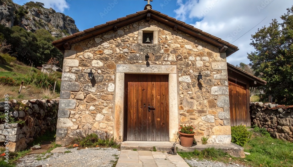 Obraz premium A rustic village chapel with weathered stone walls and wooden doors 