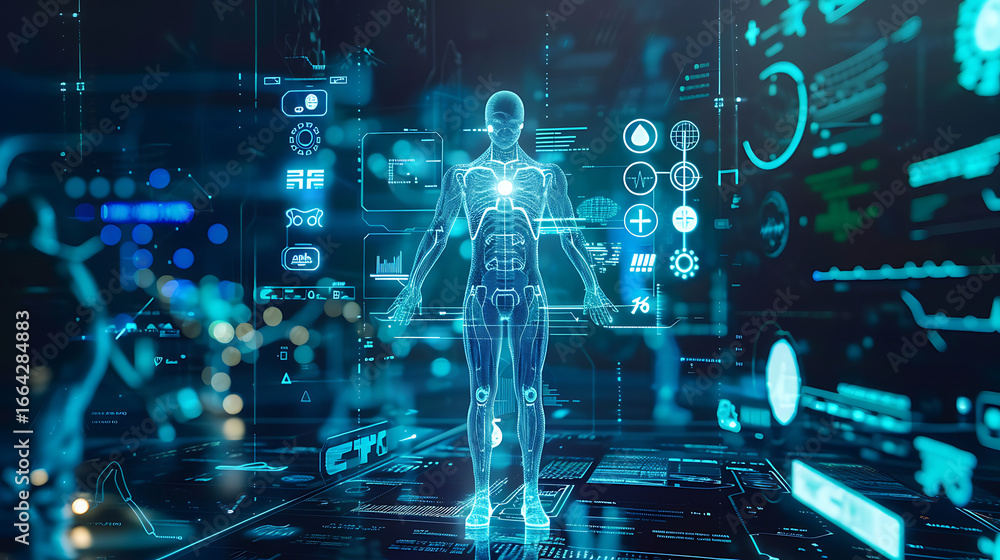 Fototapeta premium Futuristic AI medical hologram with digital human anatomy and advanced healthcare technology interface