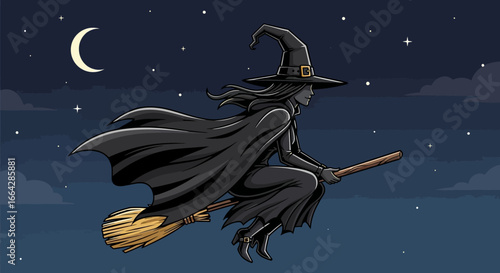 Illustration Art Vector of Witch Riding Broom with Moon and Stars Halloween Modern Design