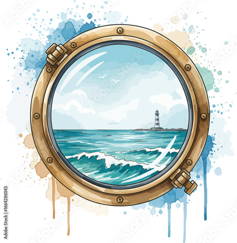 Nautical Porthole View with Lighthouse