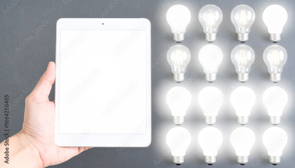 Obraz premium Hand holding tablet with glowing lightbulbs technology