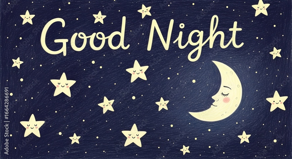 Naklejka premium Good Night Text with Stars and a Moon