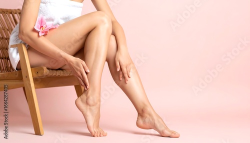 Woman's smooth legs and feet on a light wooden chair against a pink background.  A flower is visible
