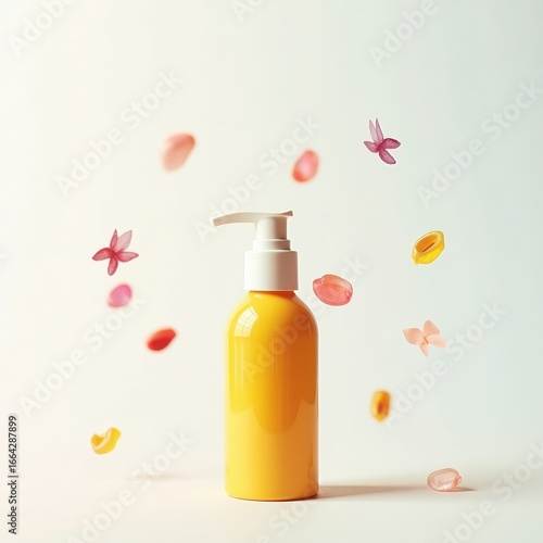 A vibrant yellow pump bottle of lotion, surrounded by floating flower petals in soft pink and orange hues, creates a light and airy aesthetic.