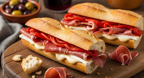 Gourmet Prosciutto and Cheese Sandwiches on a Wooden Board.