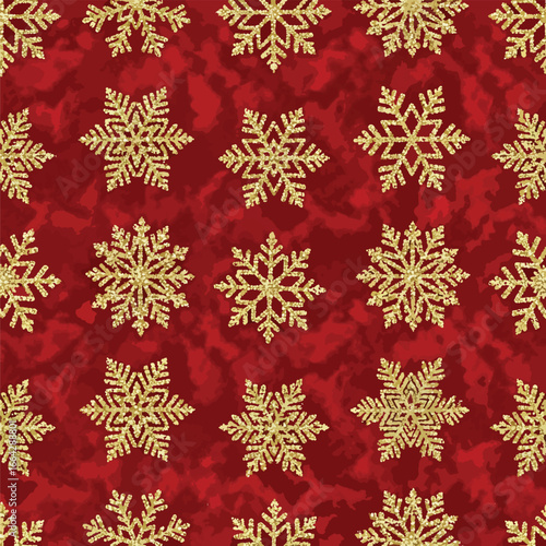 Seamless Pattern, Seamless Christmas pattern with golden glitter snowflakes on a red background Stock royalty free image.
