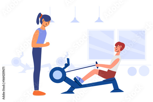 Asian female trainer coaching caucasian male young adult on rowing machine in gym.
