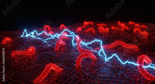 Abstract visualization of a computer virus infection, showing red malware worms crawling on a digital grid with blue electrical data streams