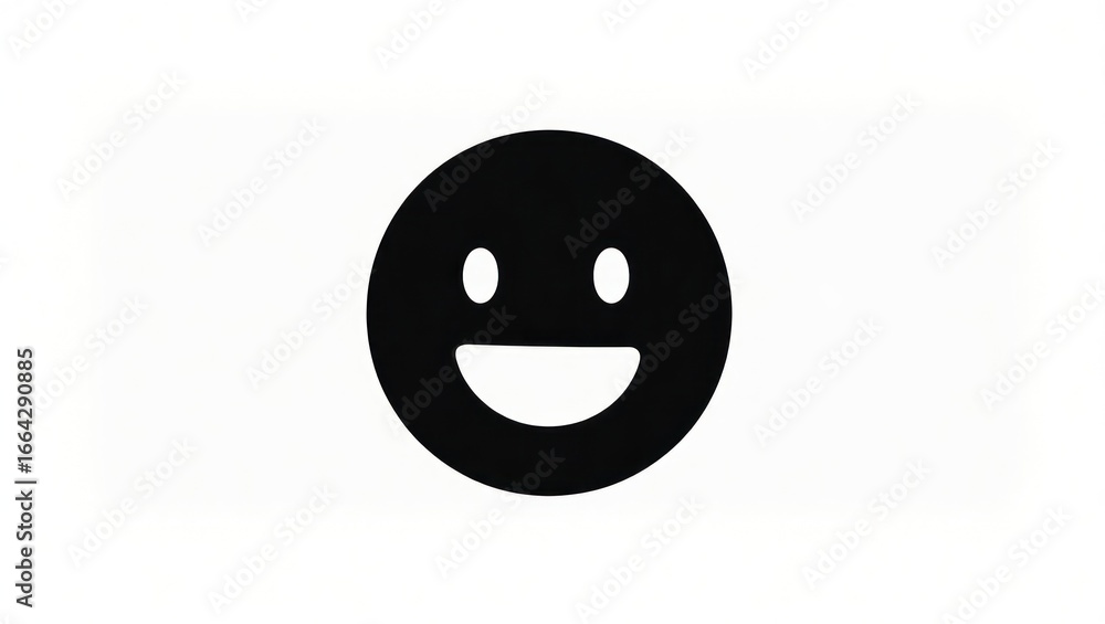 Fototapeta premium A simple, black emoticon smiley face graphic, positioned centrally against a plain white background, radiates a cheerful mood.