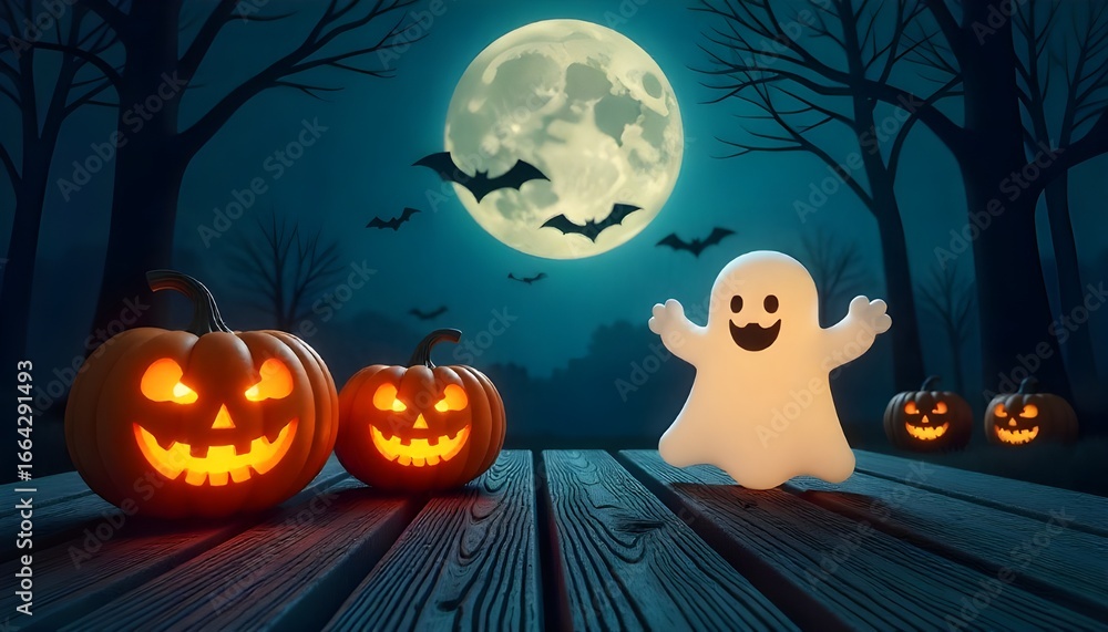 Fototapeta premium A spooky Halloween night scene: Glowing jack-o'-lanterns and a translucent ghost on weathered wood planks, silhouetted bats against a full moon, dark forest backdrop, eerie 3D illustration.