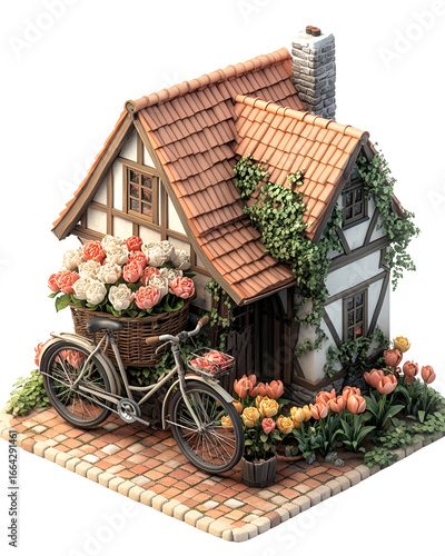 Charming Cottage with Flower Garden and Bicycle on Brick Path
