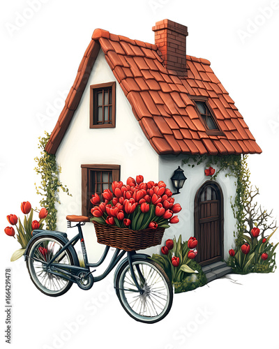 Charming White Cottage with Red Tiled Roof Surrounded by Tulips and Bicycle