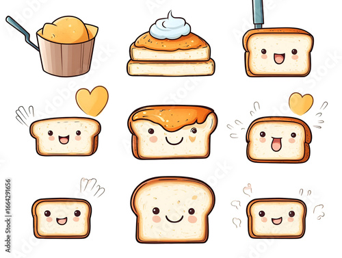 Cute Cartoon Toast and Spread with Happy Facial Expressions and Hearts on Transparent Background