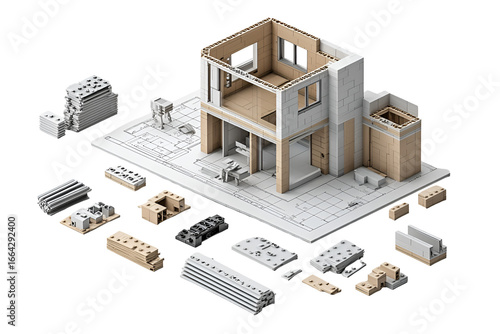 Modern Small Two-Story House Model with Construction Components and Blueprint on Transparent Background
