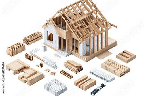 Wooden House Model Construction with Building Materials and Tools for Home Building Projects