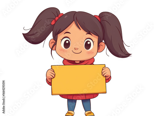 Cute cartoon girl with pigtails holds blank yellow sign, wearing red sweater and blue pants, standing cheerfully. illustration is colorful and playful, perfect for children content