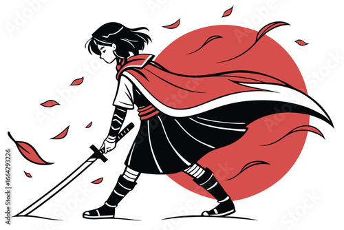 Dynamic anime warrior girl with a sword and a flowing cape caught in a powerful wind effect silhouette