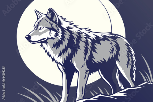 Anime wolf with glowing eyes under a moonlit sky silhouette design featuring a mystical nighttime landscape