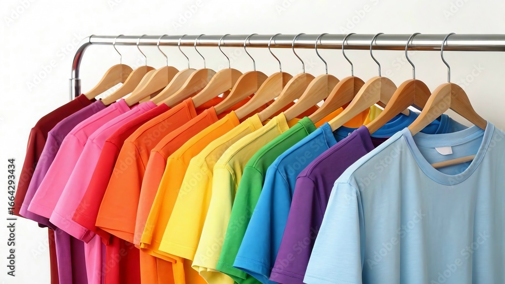 Fototapeta premium Colorful t shirts arranged on a clothing rack