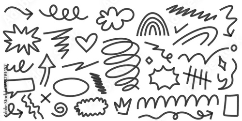 Set of hand-drawn doodle elements with a grainy spray paint texture. Collection of abstract scribble shapes, arrows, speech bubbles, and highlights.