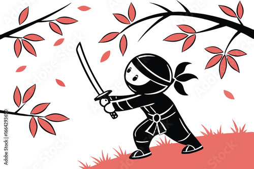 Cute chibi ninja character holding a tiny katana sword in a striking silhouette pose