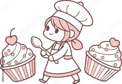 Adorable chibi anime girl joyfully baking sweet cupcakes in a cute kawaii style silhouette