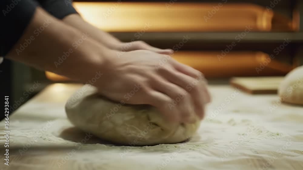 Hands kneading dough, blurred oven background Hands kneading dough, blurred oven background