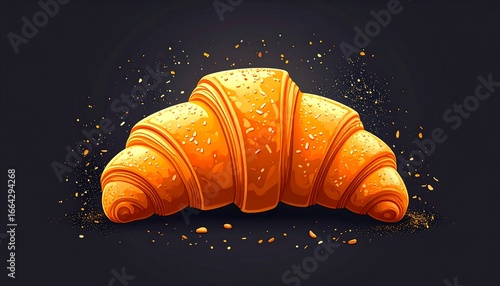 A delectable croissant, glistening with moisture, is showcased against a dark backdrop.
