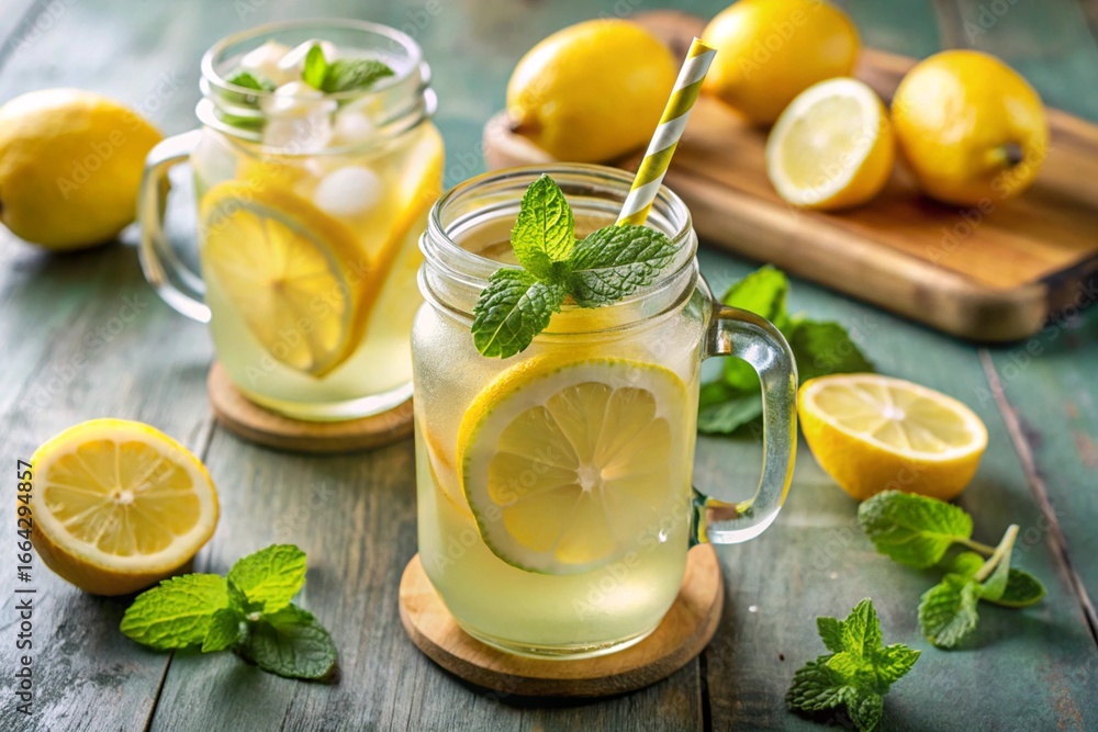 Fototapeta premium Three glasses of lemonade with mint leaves and ice cubes