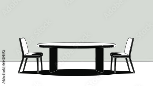 A simplistic black and white illustration of an oval table with two chairs in a minimalist setting