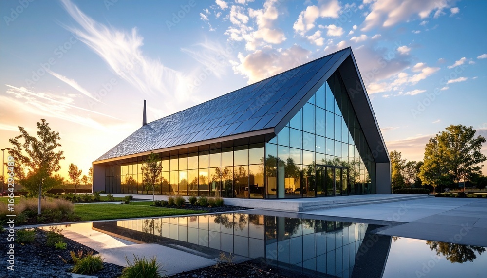 Obraz premium A modern glass church with sleek design reflecting the sky 