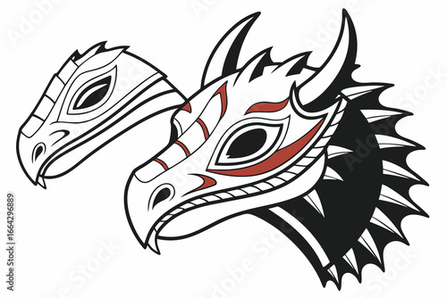 Wallpaper Mural Manga ink style dragon mask design with red and black accents and silhouette Torontodigital.ca