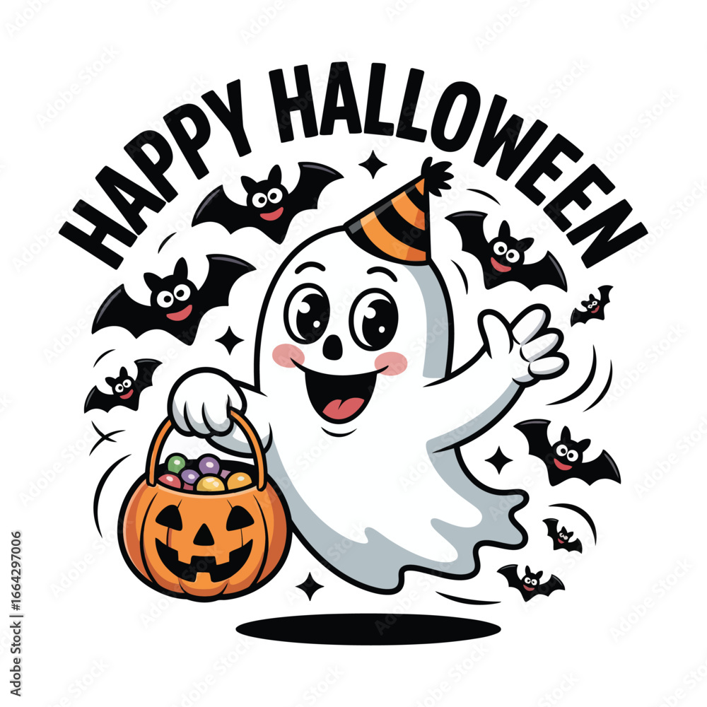 Fototapeta premium Happy Halloween Ghost with Candy and Bats T Shirt Design. Cute Cartoon Ghost Trick or Treating, Fun Halloween Illustration for Kids, Spooky Holiday Graphic Tee