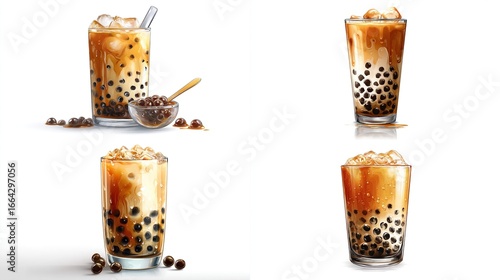 Four digital illustrations of iced boba tea in clear glasses, showcasing variations in ice and presentation; some include spilled boba and a small bowl of additional pearls