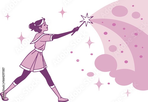 A mystical young girl in silhouette form is casting a powerful spell surrounded by shimmering and sparkling magical effects and glowing particles evoking wonder and enchantment