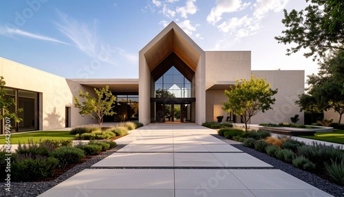 A modern church with geometric architecture and open courtyard
