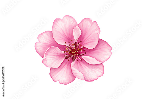 Pink Cherry Blossom Flower, Delicate Spring Bloom, Botanical Illustration, Floral Design Element, Isolated on White Background