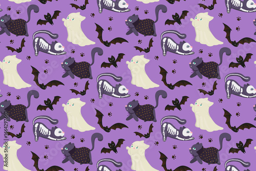Halloween-themed vector illustration featuring whimsical cats dressed in ghost and skeleton costumes with bats on a purple background. Perfect for festive designs and decorations.