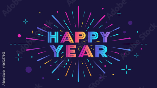 Colorful festive illustration featuring the words Happy Year surrounded by vibrant fireworks and stars, creating a celebratory atmosphere for New Year celebrations and events