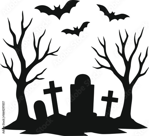 Haunting halloween night scene with silhouetted trees bats and gravestones under moonlight vector