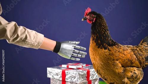 A metallic prosthetic hand reaches toward a gift-wrapped present near a golden and black chicken.