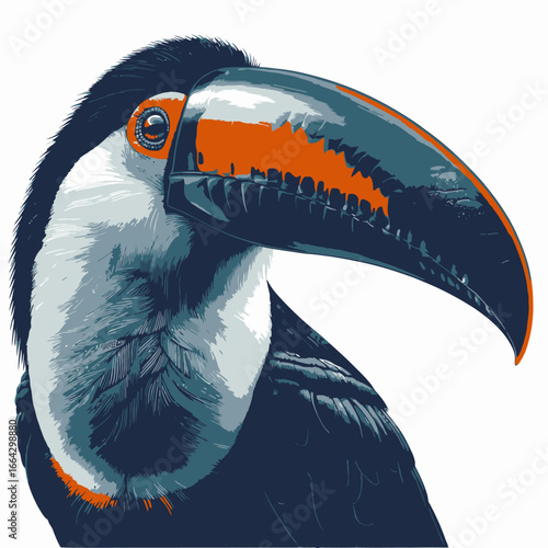 A colorful toucan with a large beak highlights its tropical charm. The illustration features the bird's vibrant orange and black beak and detailed feathers against a plain background