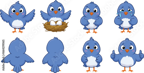 Cute blue cartoon birds showing different emotions, bird with nest and eggs, front and back view characters for kids illustration design