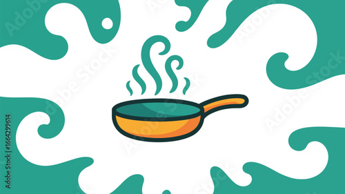 A cartoon illustration of a frying pan with steam rising against a teal and white background design